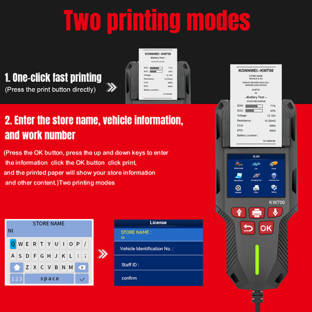 KONNWEI KW700 TESTER AKUMULATORÓW 24V 12V z drukarką