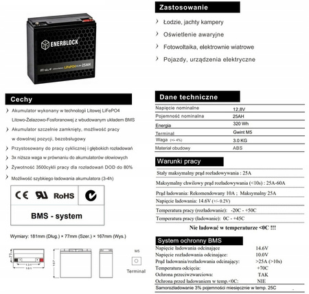 Akumulator ENERBLOCK 12V 25AH JLFP12-25 LITHIUM LiFePO4