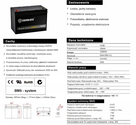 Akumulator ENERBLOCK 12V 105AH JLFP12-105 LITHIUM LiFePO4