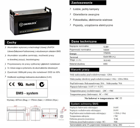 Akumulator ENERBLOCK 12V 140AH JLFP12-140 LITHIUM LiFePO4