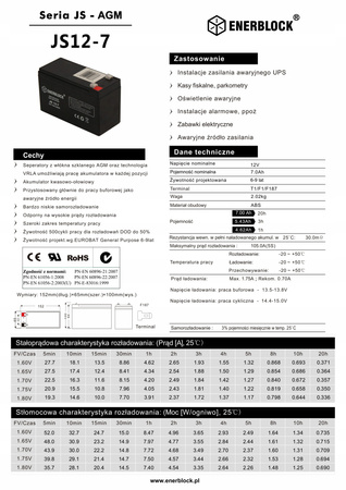 Akumulator ENERBLOCK 12V 7AH JS12-7 żelowy AGM