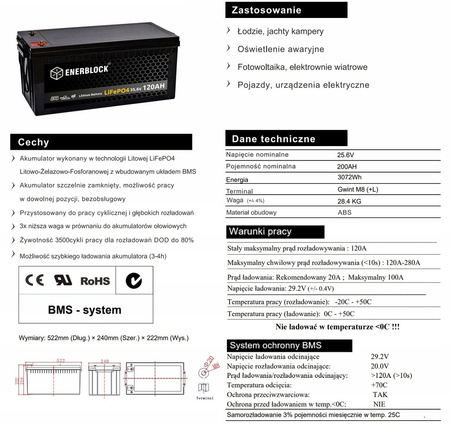 Akumulator ENERBLOCK 24V 120AH JLFP24-120 LITHIUM LiFePO4