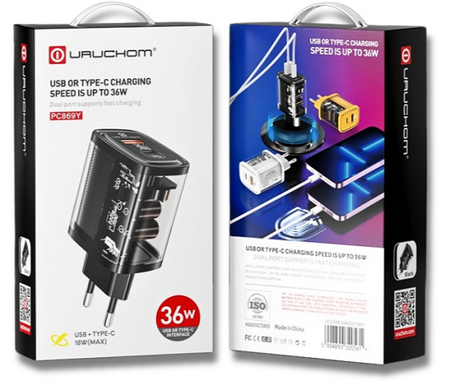 Szybka Ładowarka sieciowa 36W USB C USB A Power Delivery 3.0 Czarna Uruchom