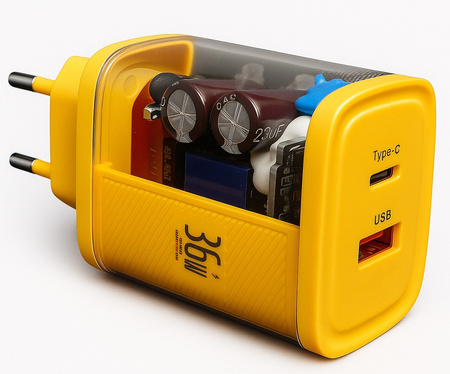 Szybka Ładowarka sieciowa 36W USB C USB A Żółta Limitowana