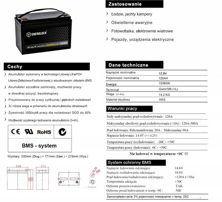 Akumulator ENERBLOCK 12V 120AH JLFP12-120 LITHIUM LiFePO4
