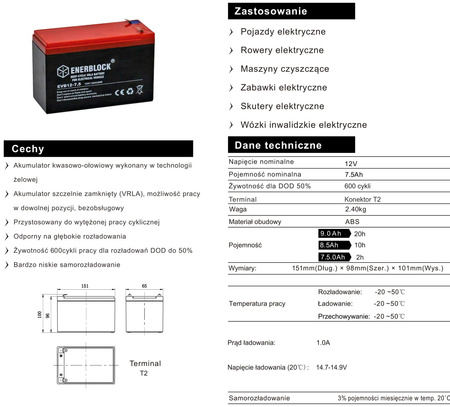 Akumulator ENERBLOCK 12V 7.5AH EVB12-7.5 DEEP-CYCLE ŻELOWY