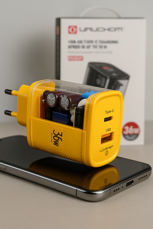 Szybka Ładowarka sieciowa 36W USB C USB A Żółta Limitowana