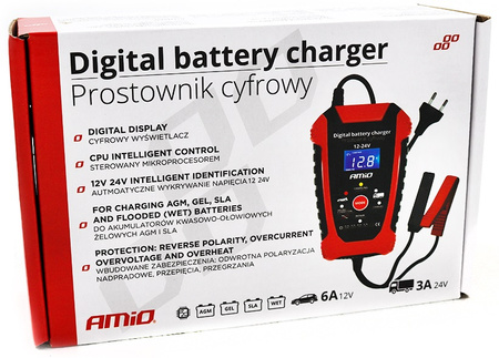 Prostownik AMiO cyfrowy 12V 24V 6A 3A DBC-03