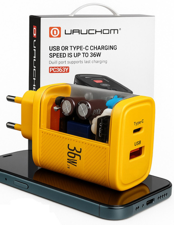 Szybka Ładowarka sieciowa 36W USB C USB A Żółta Limitowana