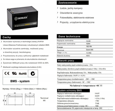 Akumulator ENERBLOCK 12V 15AH JLFP12-15 LITHIUM LiFePO4