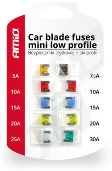 Bezpieczniki samochodowe płytkowe niski profil 10 szt. 5A, 7.5A, 2x10A, 2x15A, 2x20A, 25A, 30A